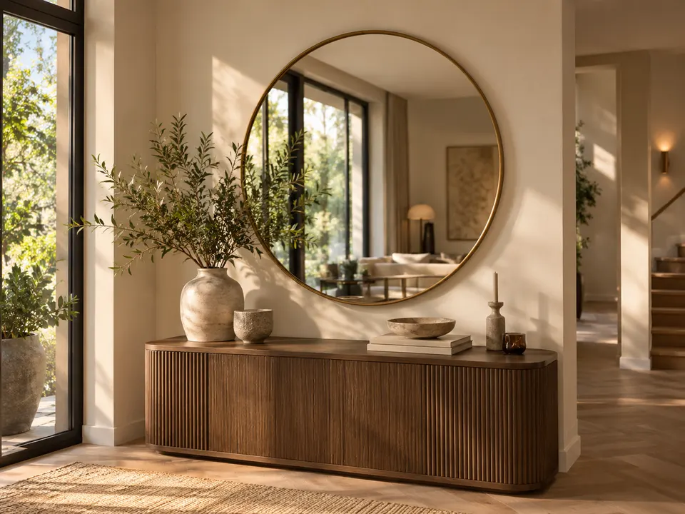 Ronde spiegel met dunne rand boven een houten dressoir