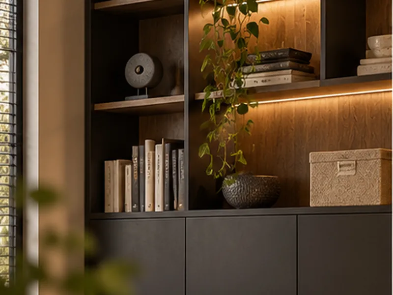 Donkere kastenwand met open houten vakken, boeken, planten en verlichting in de planken