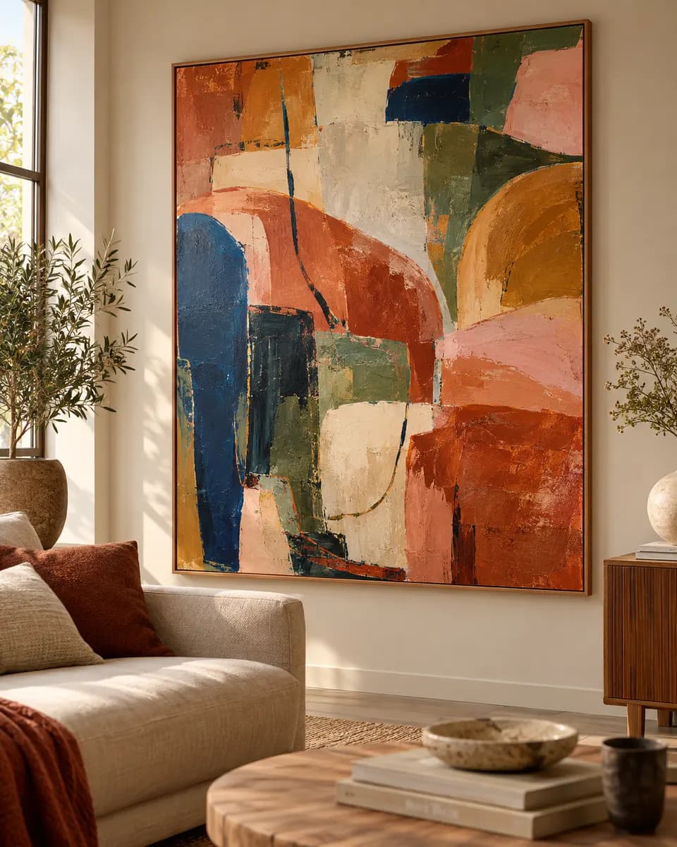 Groot abstract schilderij in terracotta, blauw en oker boven een bank