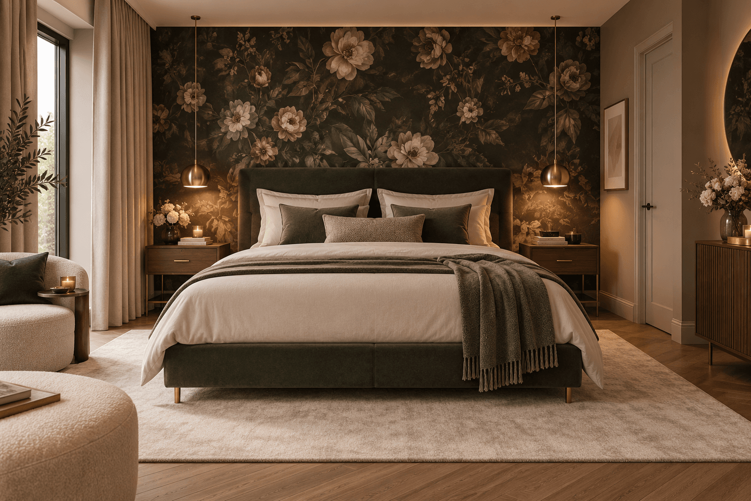 Slaapkamer met bloemenbehang achter het bed, zacht licht van twee hanglampen en fluwelen accenten op het bed