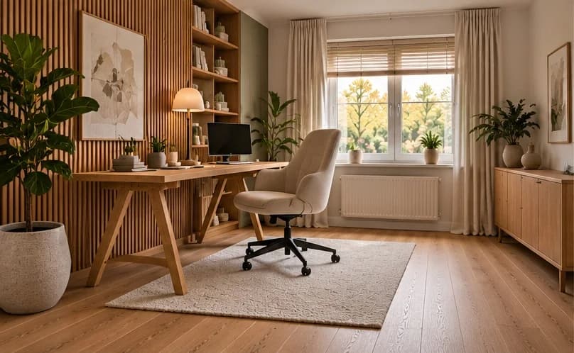 Thuiskantoor met licht eiken parket, houten lamellenwand, eiken bureau en beige bureaustoel bij het raam