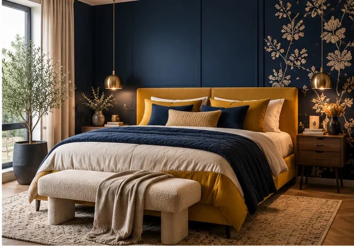 Slaapkamer met donkerblauwe muur en bloemenbehang, okergeel gestoffeerd bed en messing hanglampen