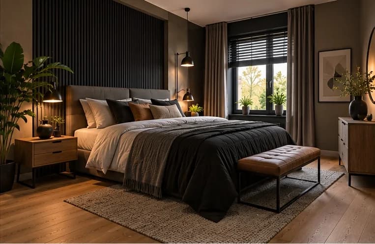 Industriële slaapkamer met zwarte lamellenwand achter het bed, antraciet dekbed, leren bankje en eiken vloer
