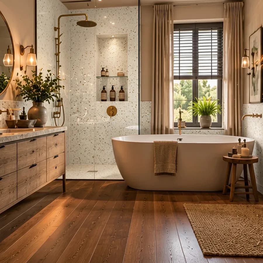 Badkamer met gouden regendouche en terrazzo