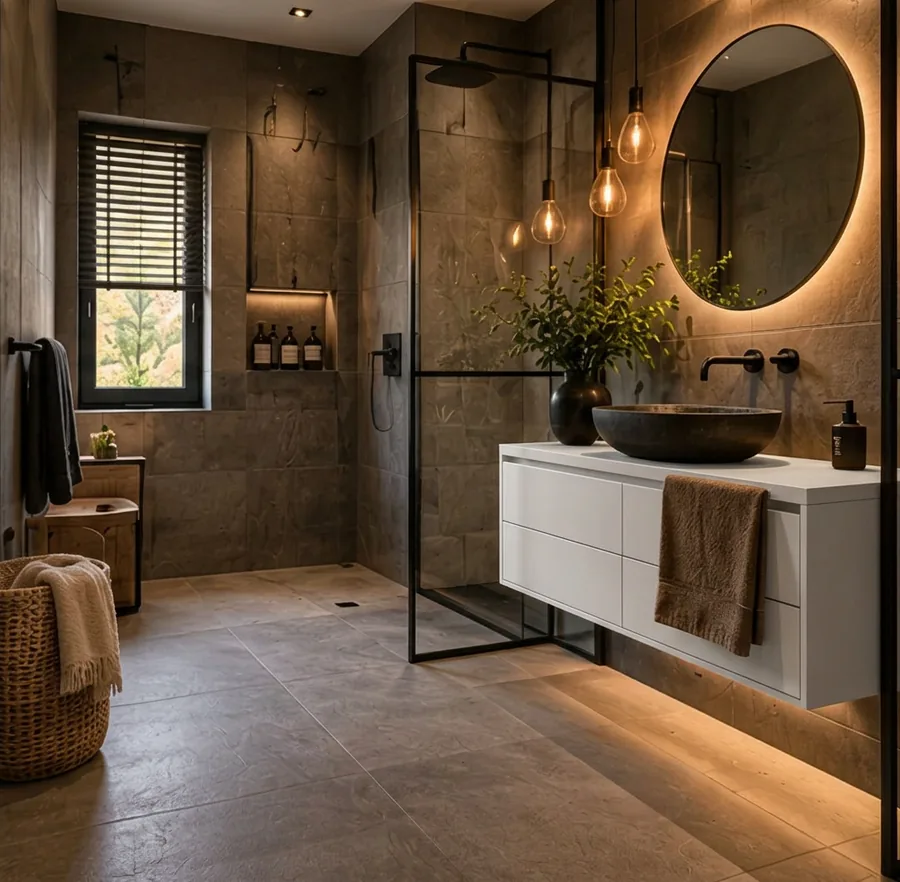 Industriële badkamer met badkamermeubel mat wit