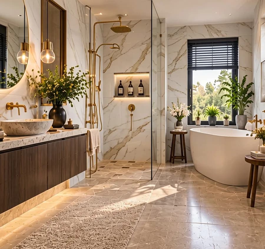 Badkamer met calacatta goud op de wand