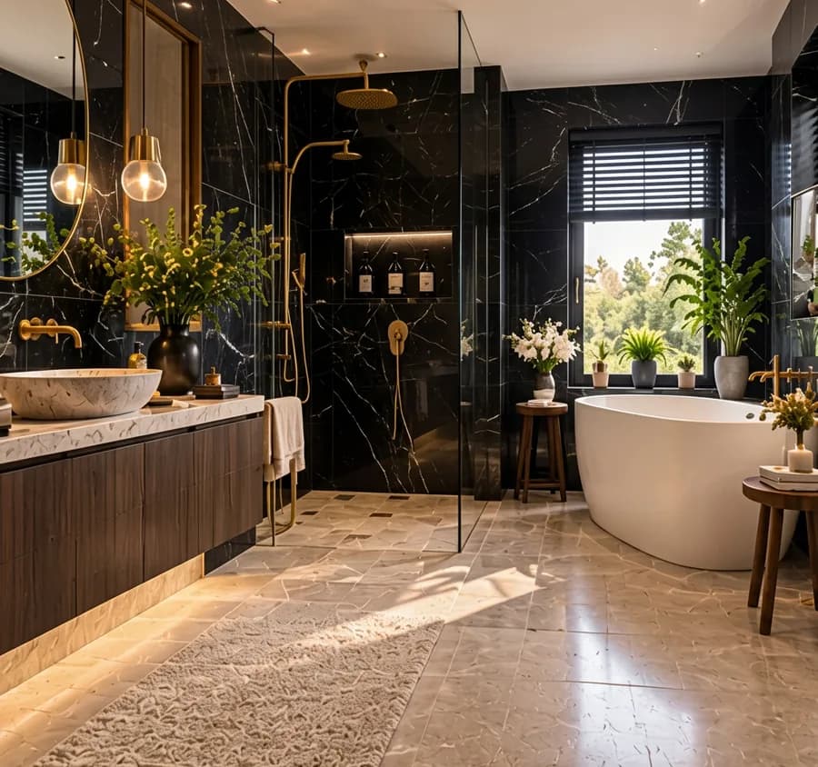 Badkamer met nero marquina op de wand