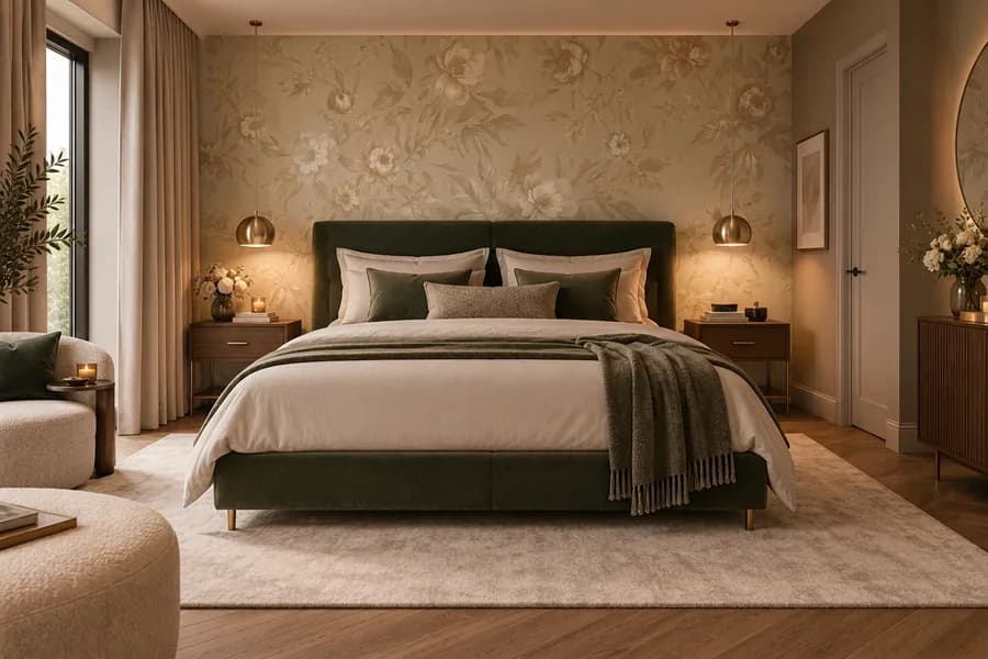 Romantische slaapkamer met beige bloemenbehang achter het bed