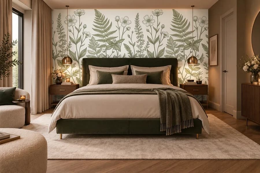 Romantische slaapkamer met botanisch bloemenbehang achter het bed