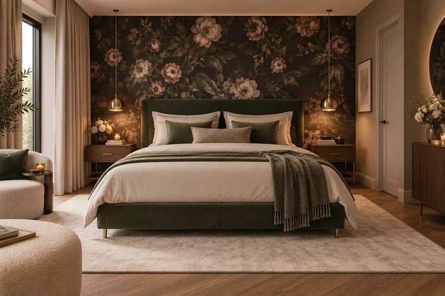 Romantische slaapkamer met donker bloemenbehang achter het bed