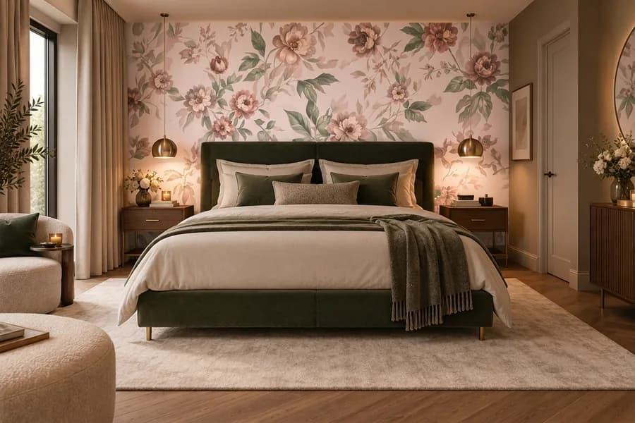 Romantische slaapkamer met roze bloemenbehang achter het bed