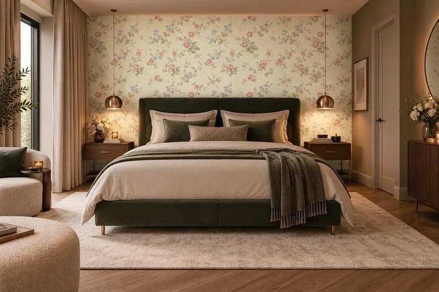 Romantische slaapkamer met vintage bloemenbehang achter het bed