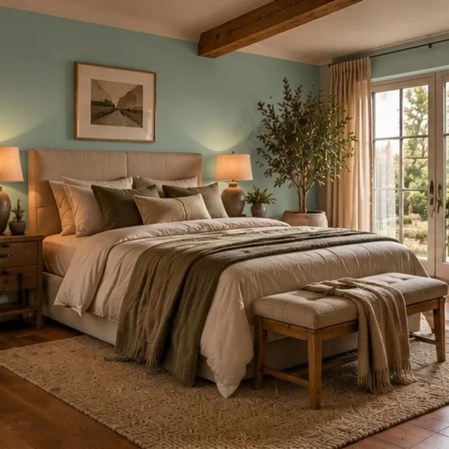 Rustige slaapkamer met de wand achter het bed in eucalyptus