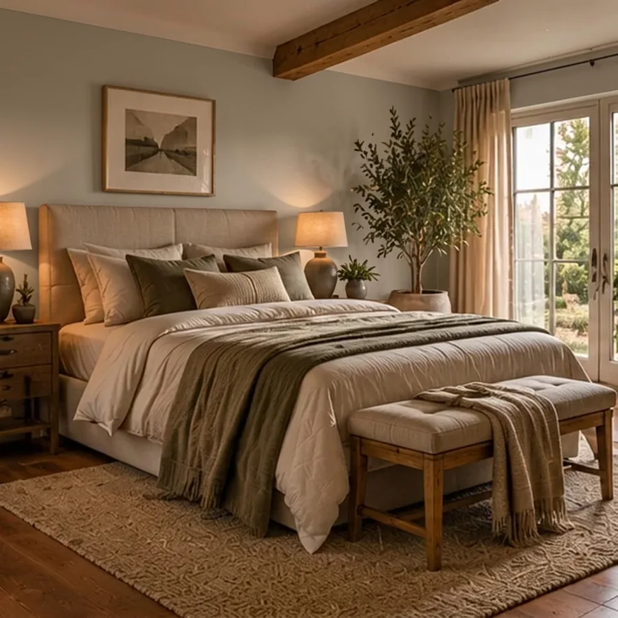 Rustige slaapkamer met de wand achter het bed in greige