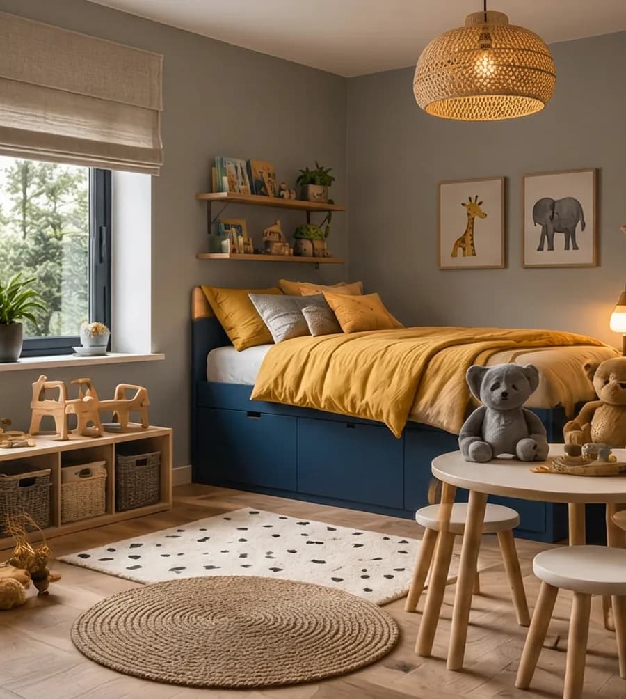 Kinderkamer met de muur in warm grijs