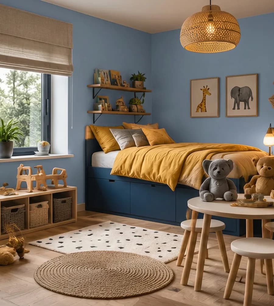Kinderkamer met de muur in zacht denim
