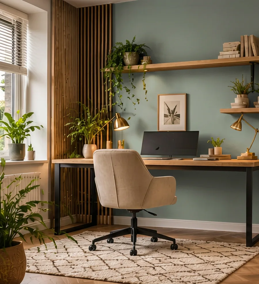 Werkkamer met de muur in eucalyptus
