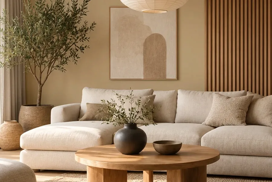 Japandi woonkamer met de muur in leem