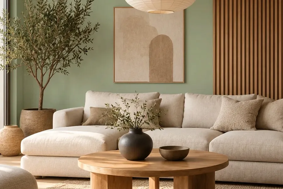 Japandi woonkamer met de muur in saliegroen