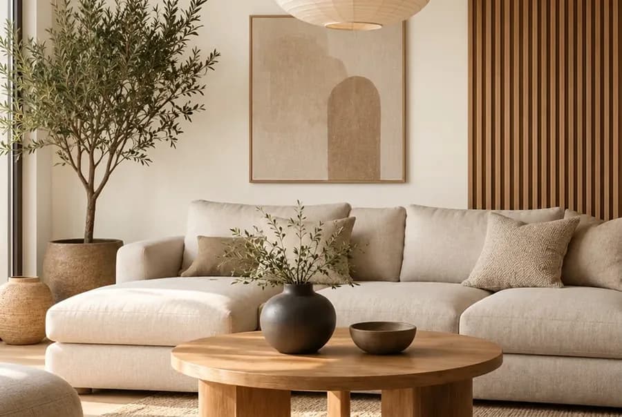 Japandi woonkamer met de muur in warm wit
