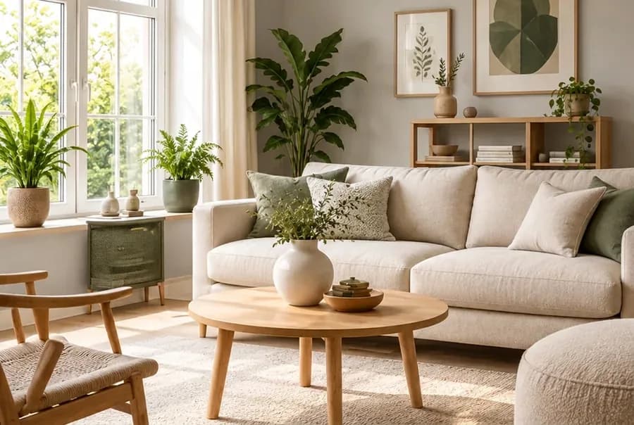 Scandinavische woonkamer met de muur in licht beton