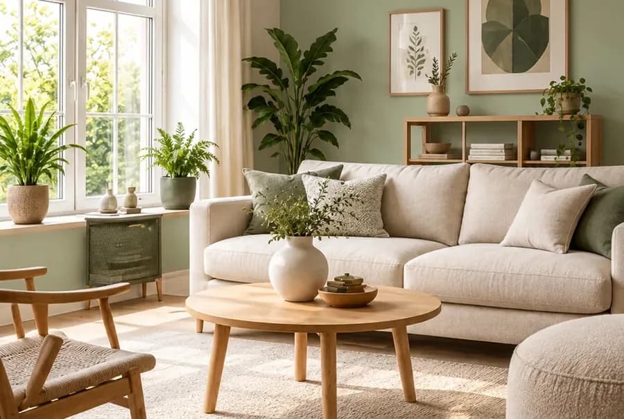 Scandinavische woonkamer met de muur in saliegroen