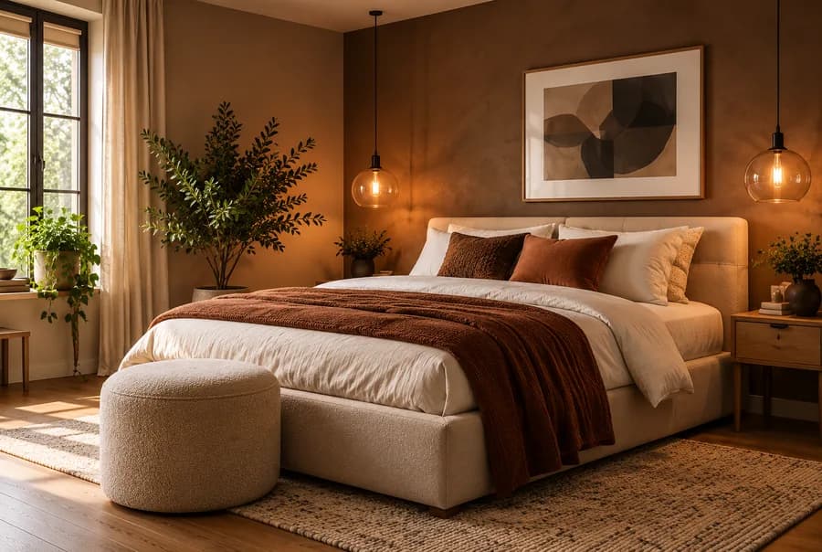 Een warm, modern ingerichte slaapkamer