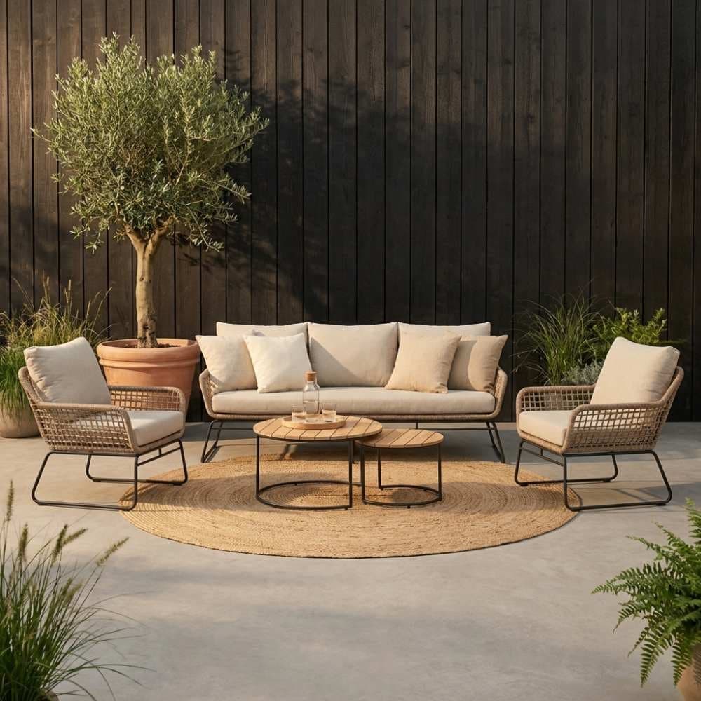 Valencia/Aurora stoel-bank loungeset 5 personen | touw + teakhout | Sahara Dust | 5-delig