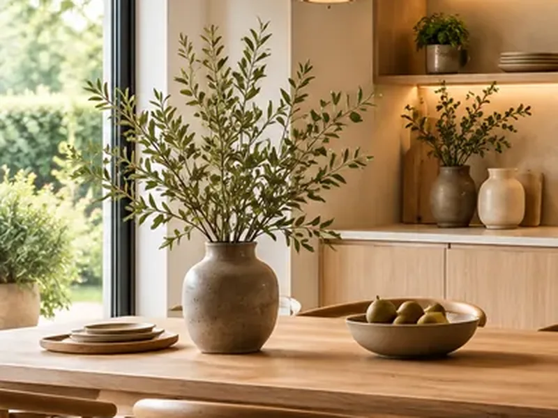 Olijftakken in een stenen vaas op een houten keukentafel