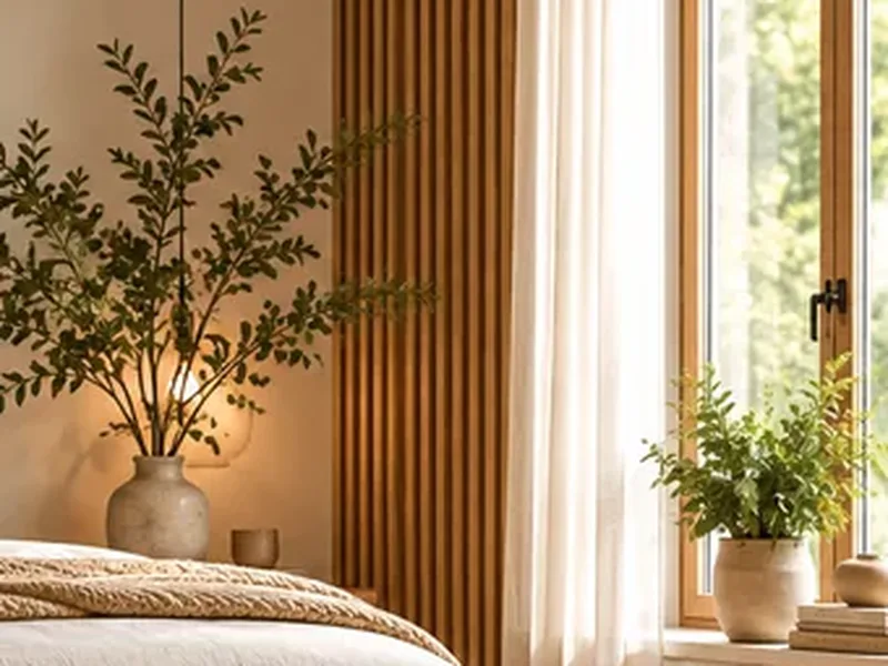 Olijftakken in een stenen vaas naast het bed, met houten lamellen en een plantje bij het raam