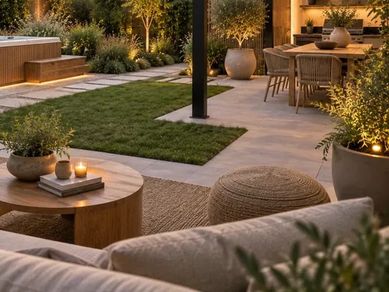 Buitenkleed onder een loungebank met ronde houten tafel en poef op het terras
