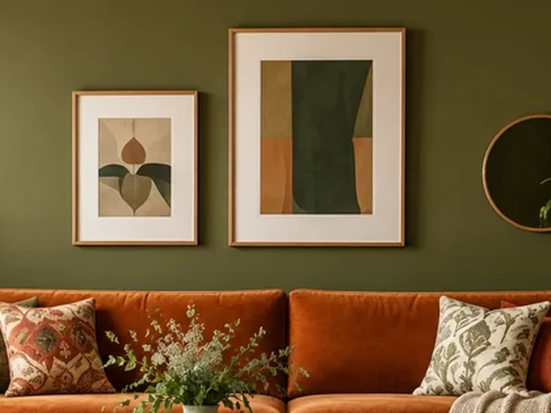Twee ingelijste prints in groen en oker aan een olijfgroene muur