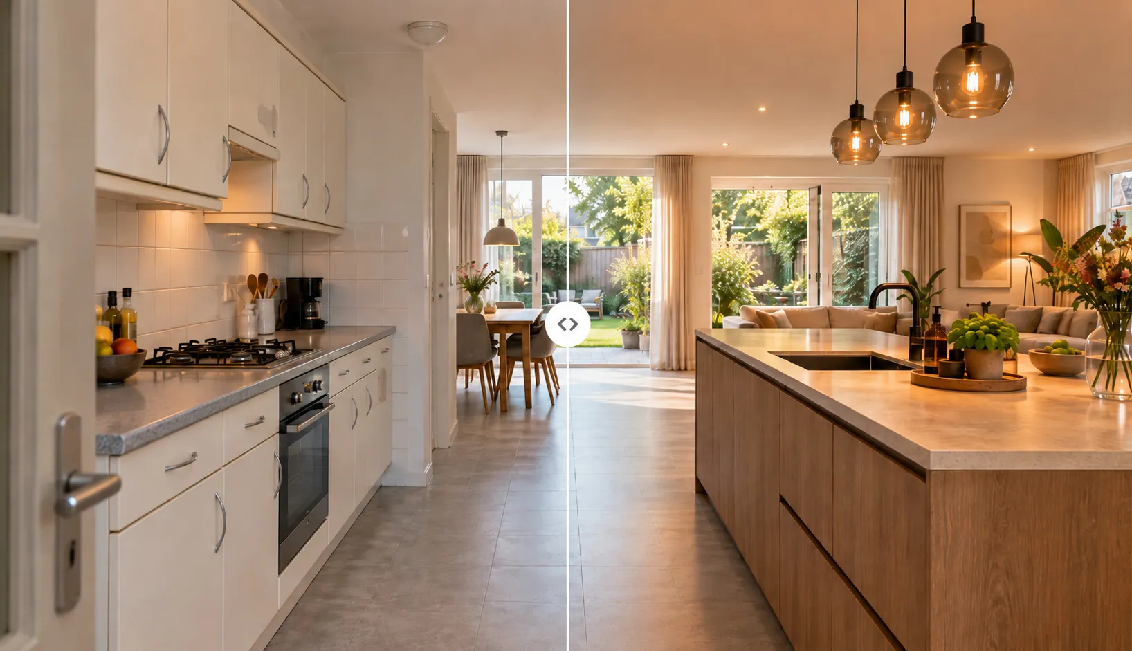 Voor en na: links een smalle keuken met witte kastjes en een grijs werkblad, rechts dezelfde ruimte open gemaakt met een houten kookeiland, glazen hanglampen en zicht op de tuin