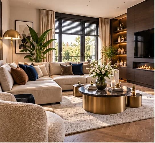 Lichte hotel-chic woonkamer met crème bouclé hoekbank, ronde messing salontafel, donkere kastenwand met haard en visgraatvloer