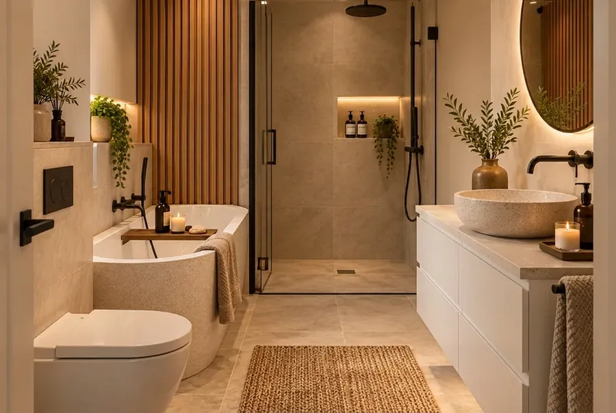 Japandi badkamer met badkamermeubel mat wit