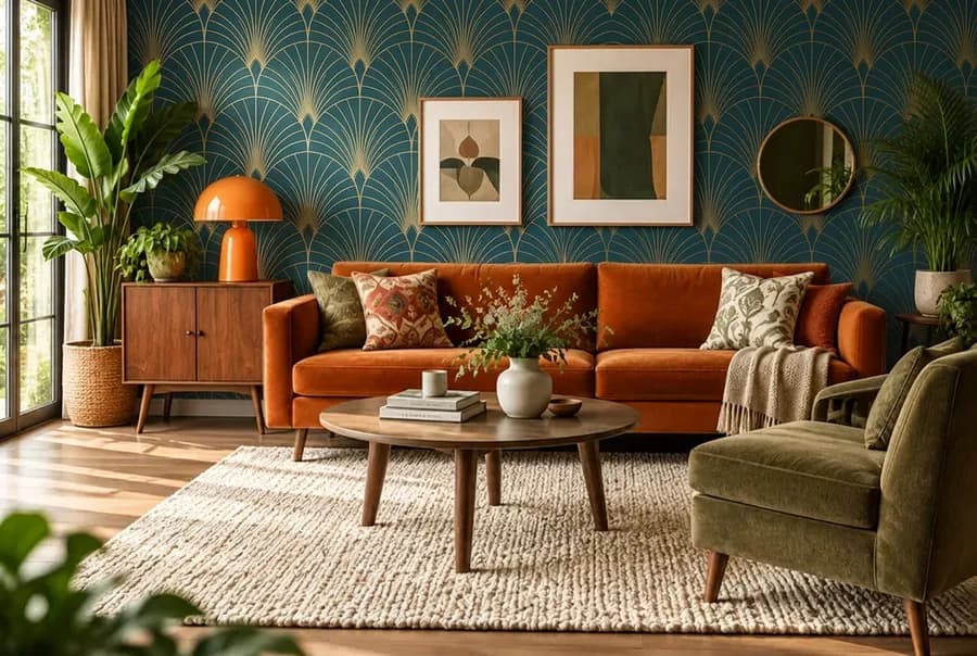 Retro woonkamer met art deco waaier behang