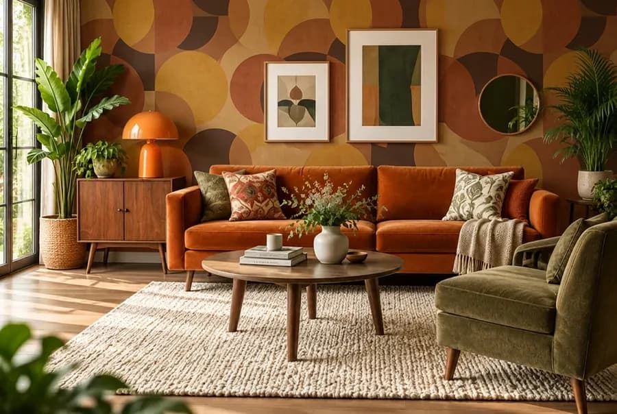 Retro woonkamer met retro cirkels behang