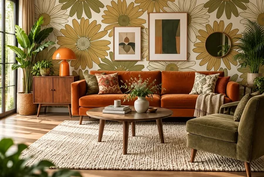 Retro woonkamer met flower power behang